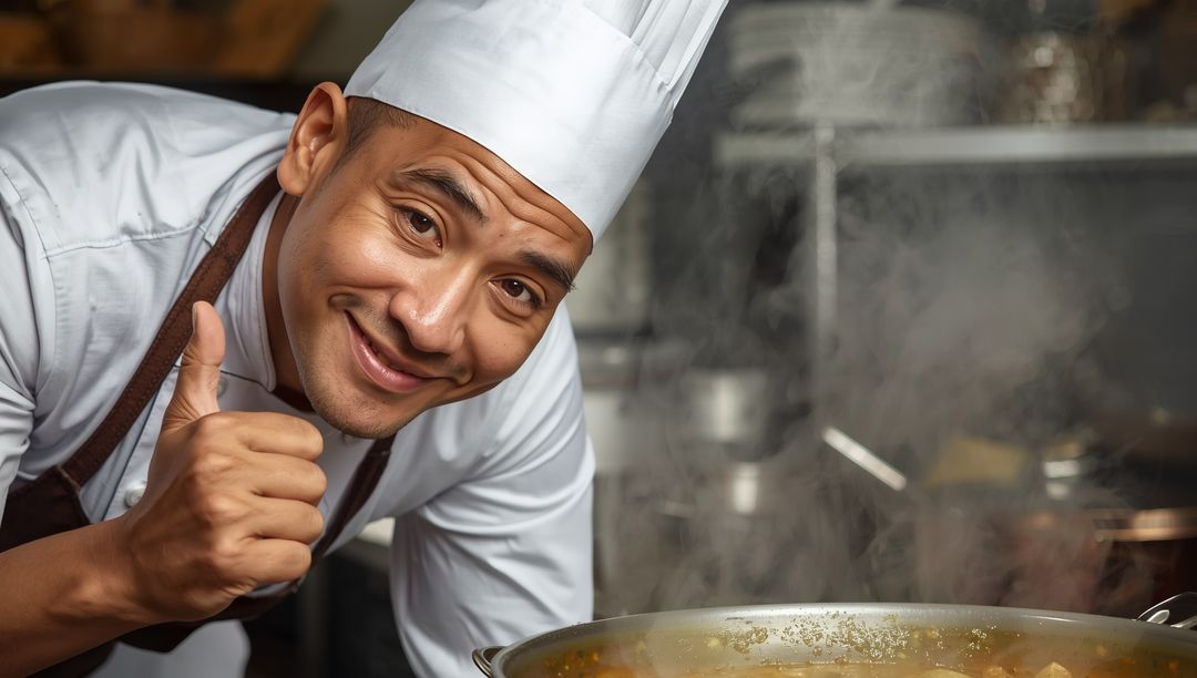 Smiling Chef Giving Thumbs Up in Busy Kitchen Environment