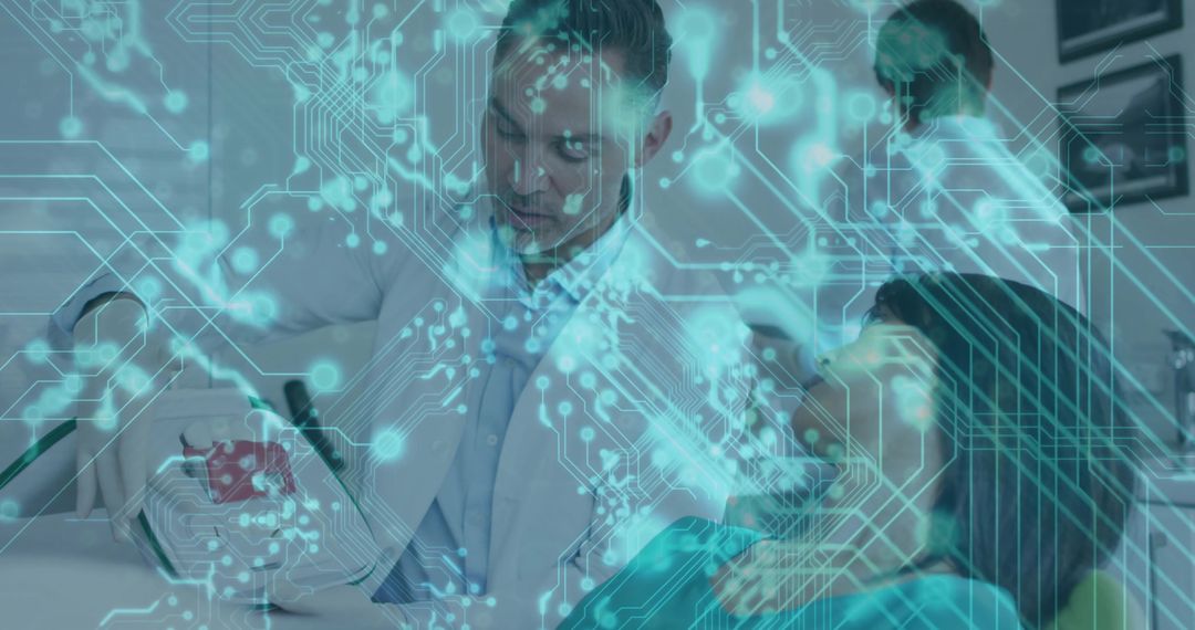 Dentist Examining Patient with Futuristic Technology Overlay