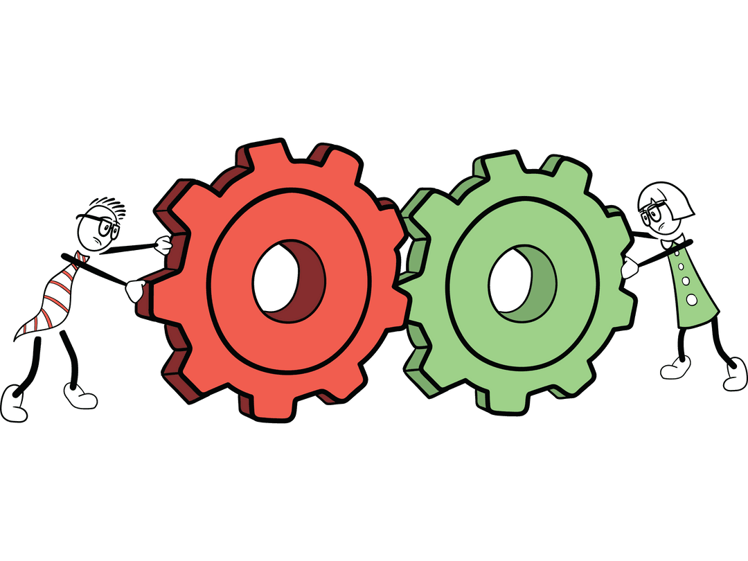 Illustration of Figures Pushing Colored Gears on Transparent Background