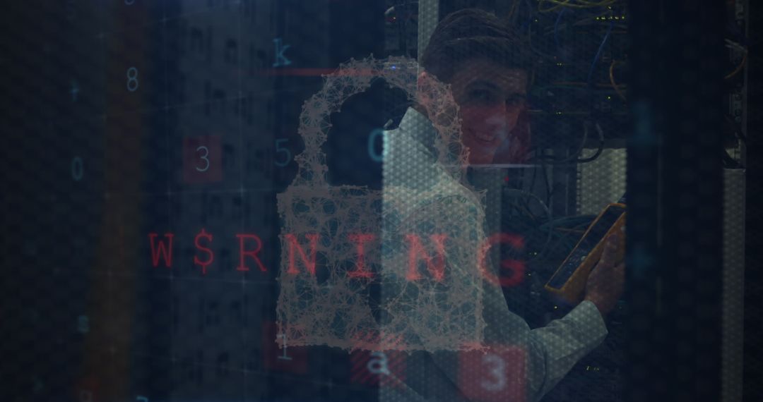 Data Security Alert in Server Room with IT Professional