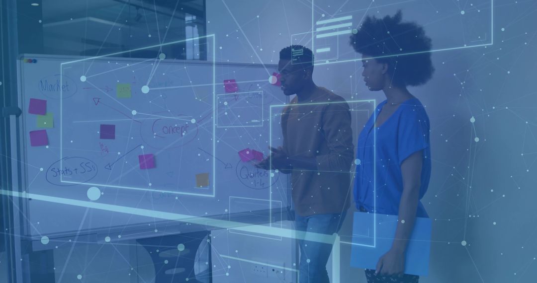 Black professionals brainstorming by whiteboard with digital UI overlay for business planning