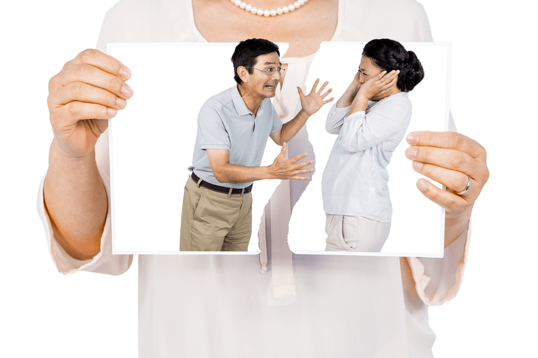 Paper Tear Reveals Asian Couple Arguing Transparent Background