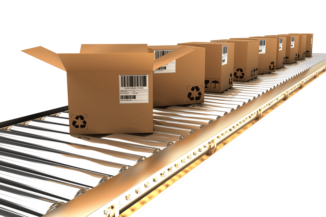 Transparent Boxes on Industrial Conveyor Belt in Motion