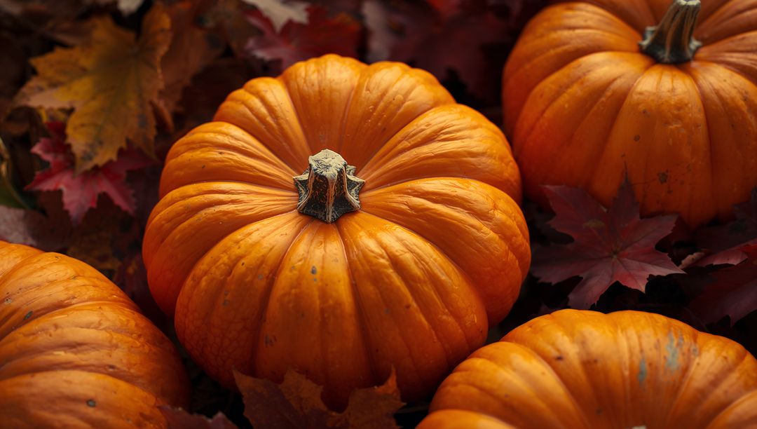 Ribbed Pumpkins Resting on Maple Leaves Closeup — Autumn Harvest Texture