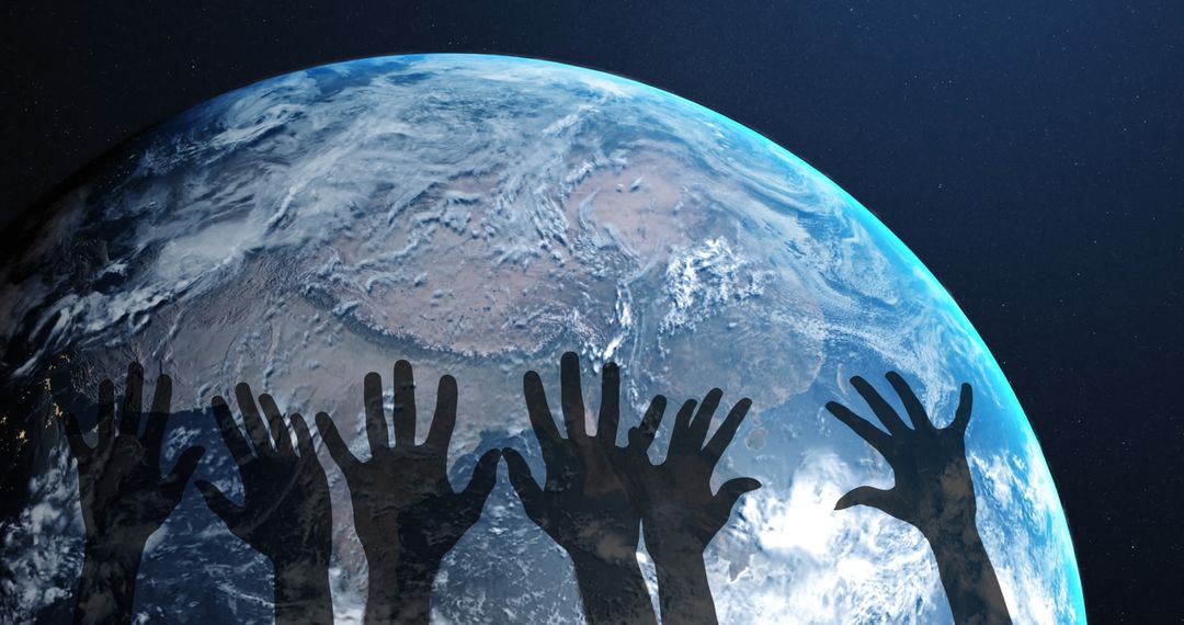Hands Reaching for Earth in Outer Space Illustrating Global Unity