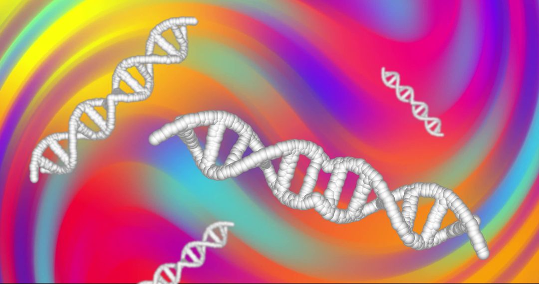 DNA Strands on Vibrant Rainbow Swirl Background