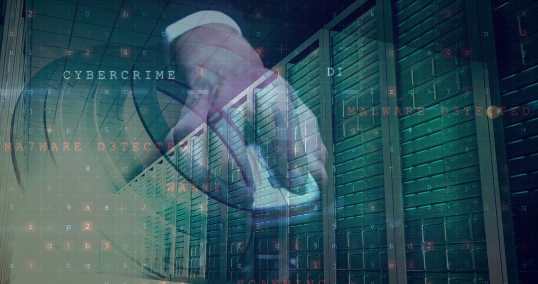 Hand Typing in Server Room with Cybersecurity Alert Interface
