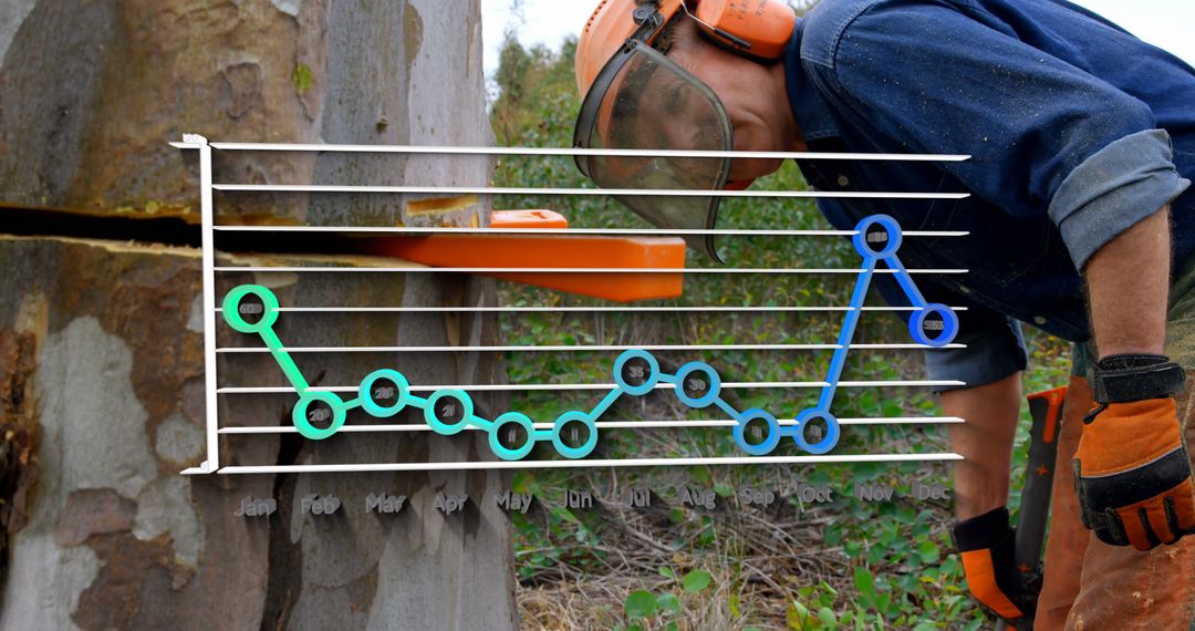 Lumberjack Analyzing Cutting Efficiency with Data Graph Overlay