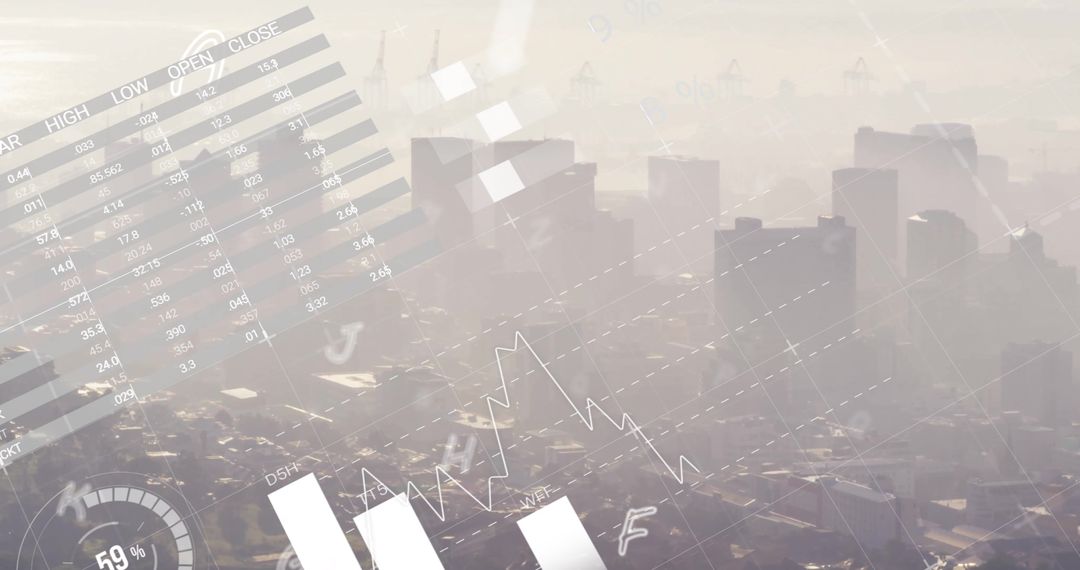 Cityscape with Financial Data Overlay Illustrates Market Trends