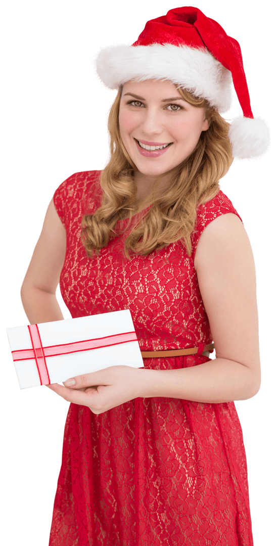 Smiling Woman with Santa Hat and Letter on Transparent Background