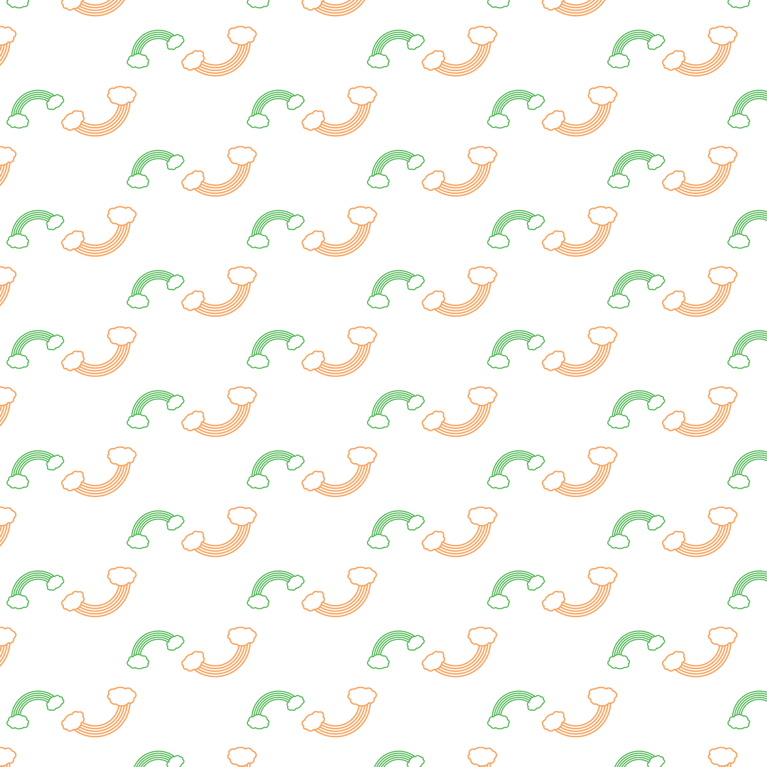 Seamless Pattern of Orange Clouds and Green Rainbows on Transparent Background