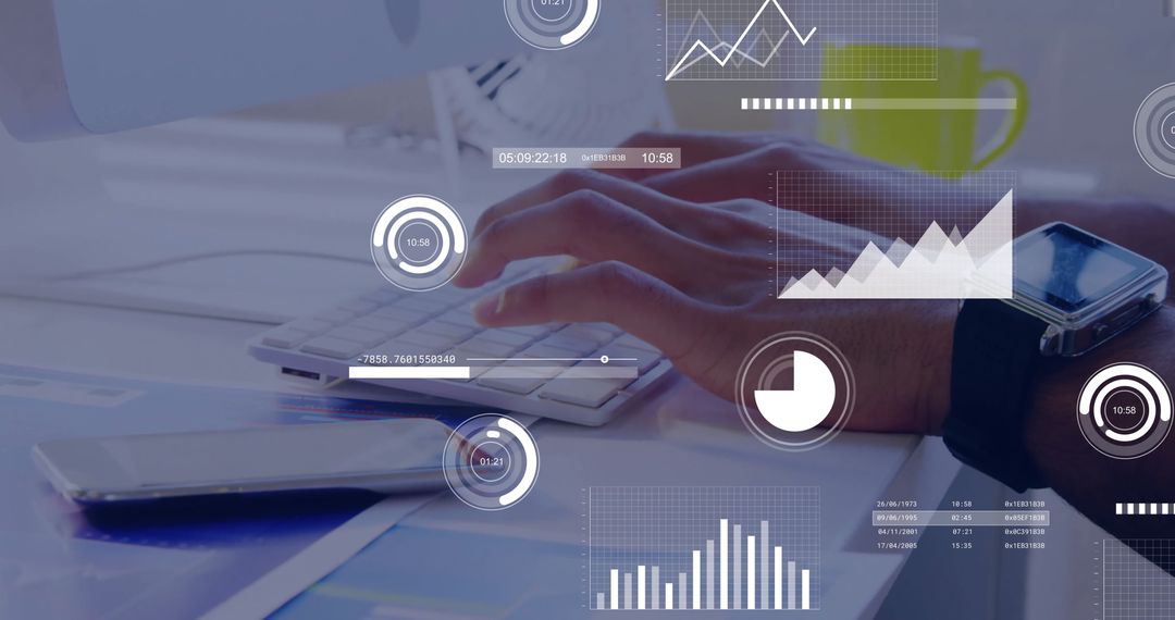 Hands Typing Data on Keyboard with Digital Analytics Overlays