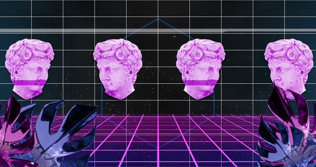 Futuristic Holographic Statues on Neon Grid Pattern