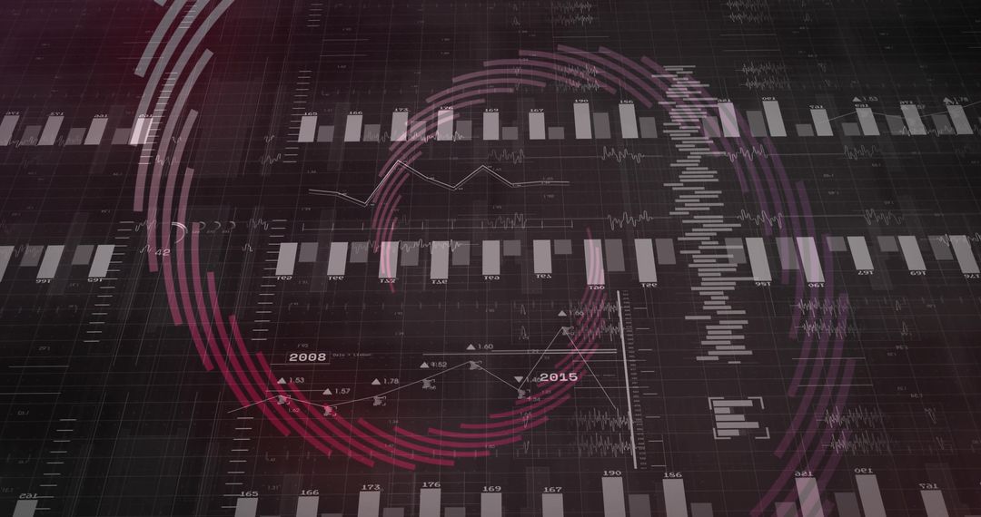 Futuristic Data Dashboard Displaying Layered Analytics with Neon Magenta Circular Visualizations