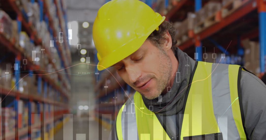 Warehouse Worker Analyzing Data with Global Chart Overlay