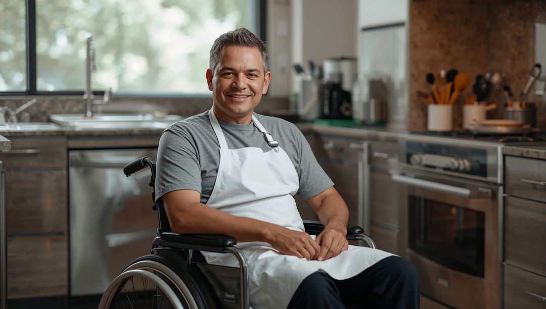 Happy Chef in Wheelchair Creating Culinary Delights in Modern Kitchen