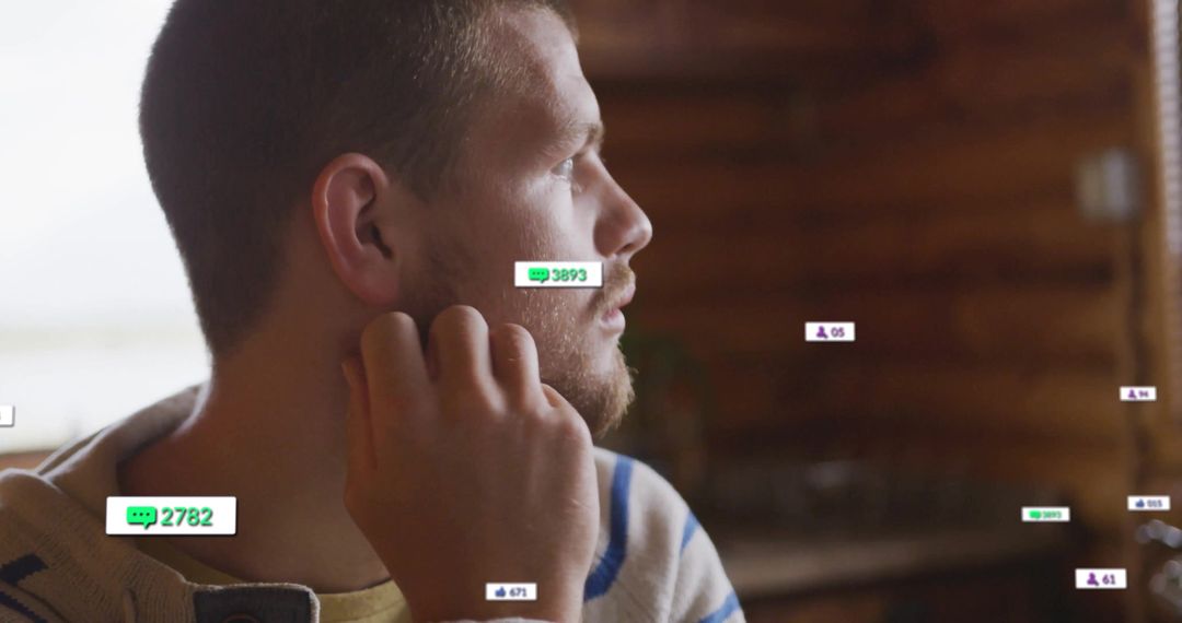 Bearded Man Viewing Digital Metrics in Cabin Environment