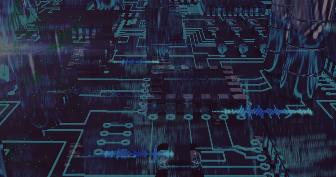 Glowing Circuit Board with Neon Blue Traces and Waveforms