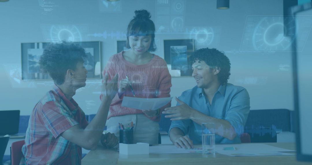 Team collaborating with futuristic HUD overlay at office table, presenting data and insight