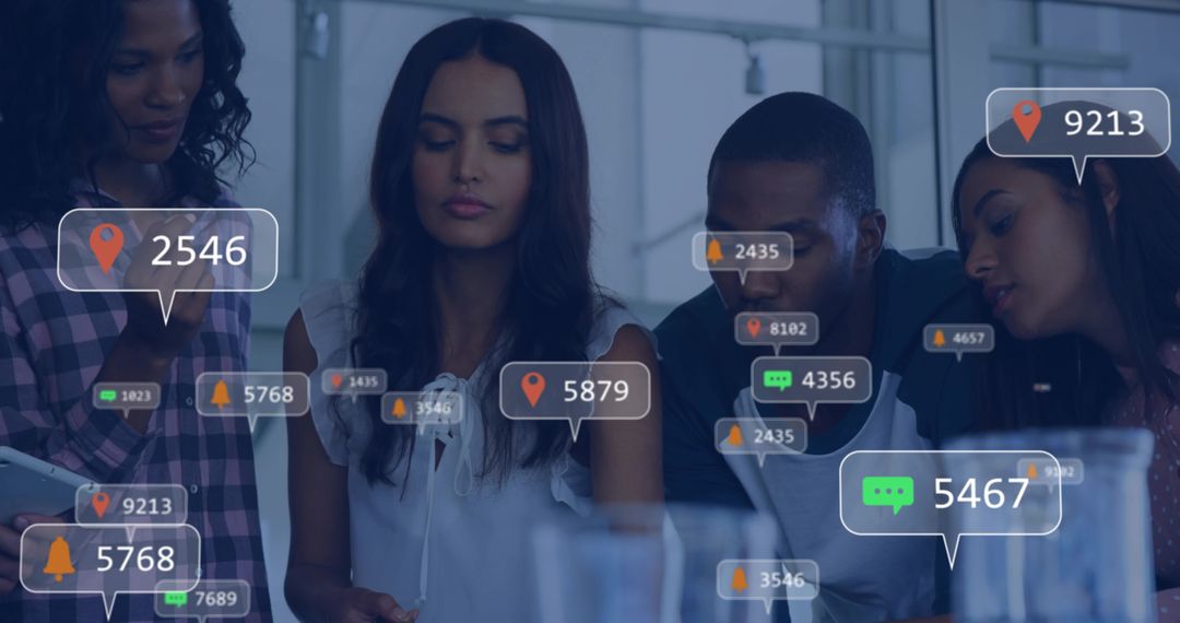 Team collaborating at conference table with AR overlays of notifications and data analytics