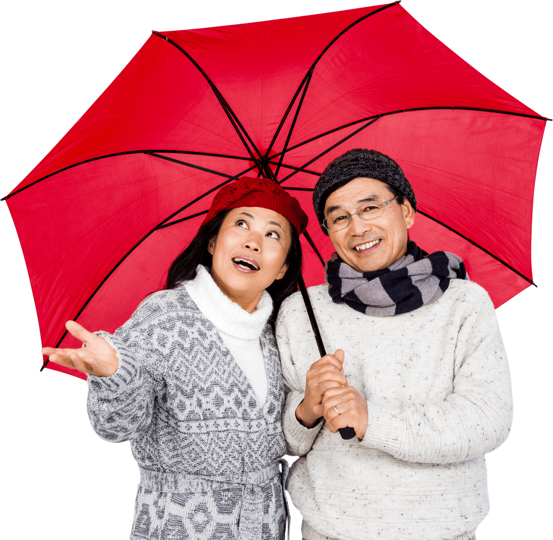 Smiling Asian Couple Under Red Transparent Umbrella