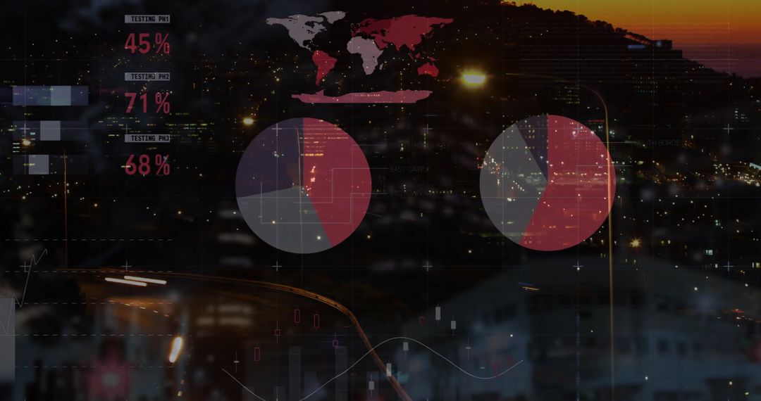 Cityscape Overlay with Financial and Data Metrics Visualization