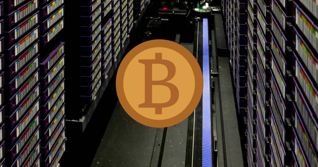 Bitcoin Symbol Over High-Tech Server Room Illustrating Digital Currency