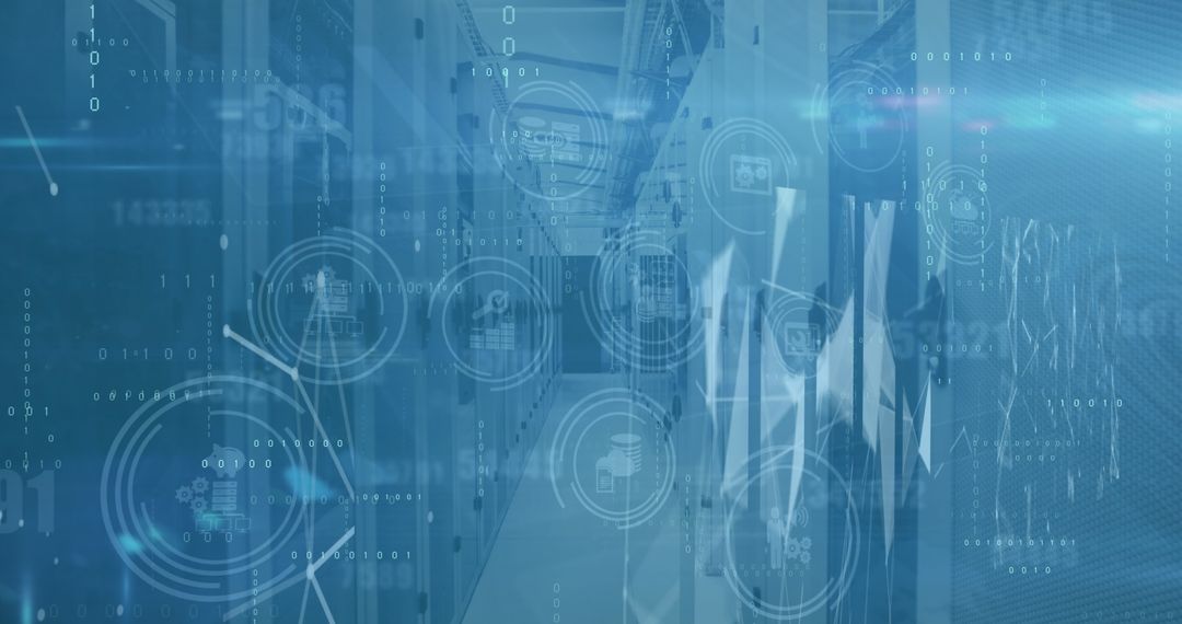 Futuristic Data Center Corridor with Digital Interface Overlays