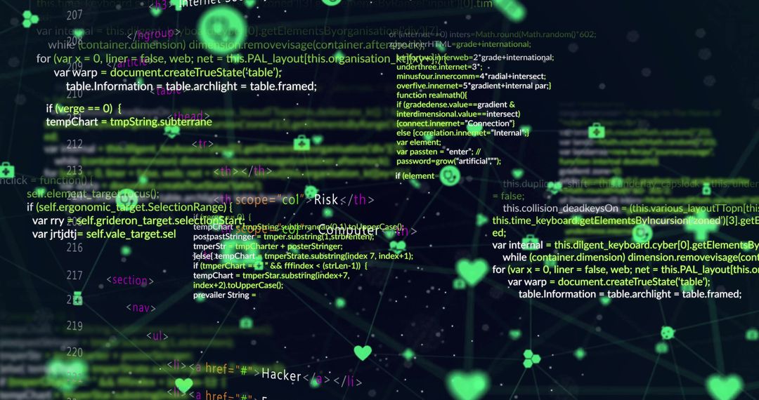 Cybersecurity Code Interface with Neon Green Holographic Icons