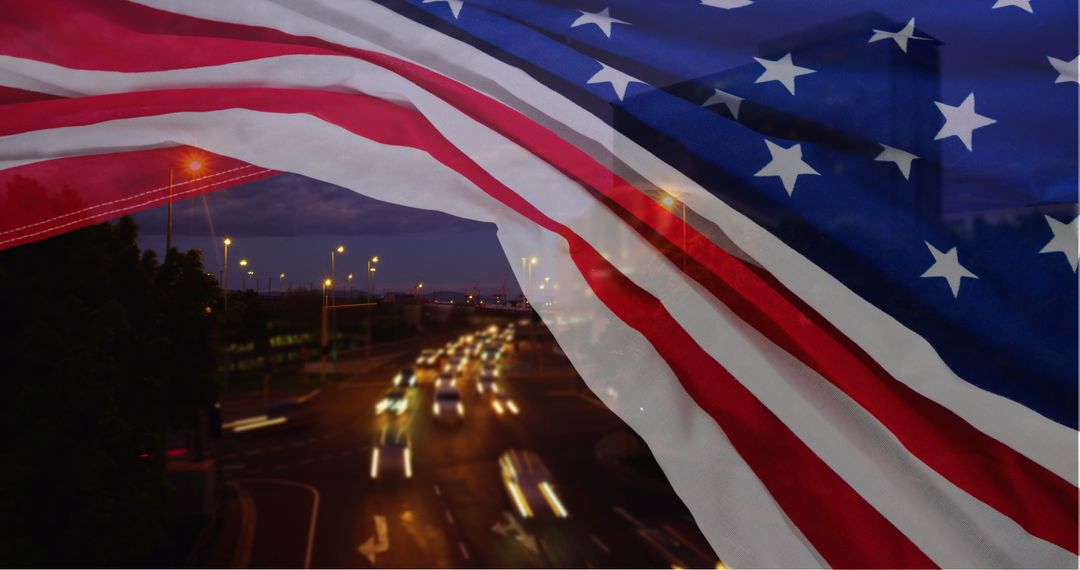 American Flag Overlay on Busy City Highway at Night