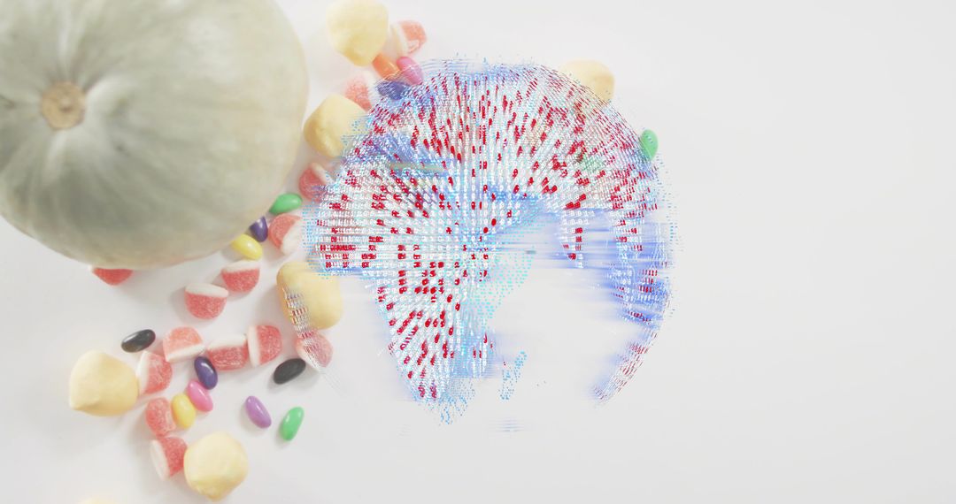 Holographic Globe with Red Pins Hovering on White Surface, Melon and Assorted Candies