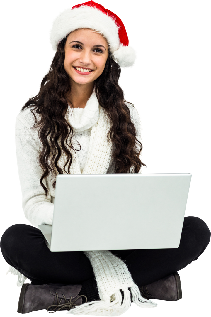 Smiling woman wearing Santa hat using laptop on transparent background - Download Free Stock Images Pikwizard.com