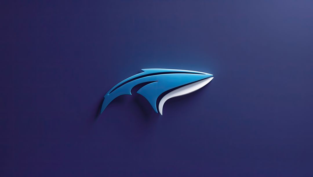 Abstract blue metallic megalodon emblem on deep blue background