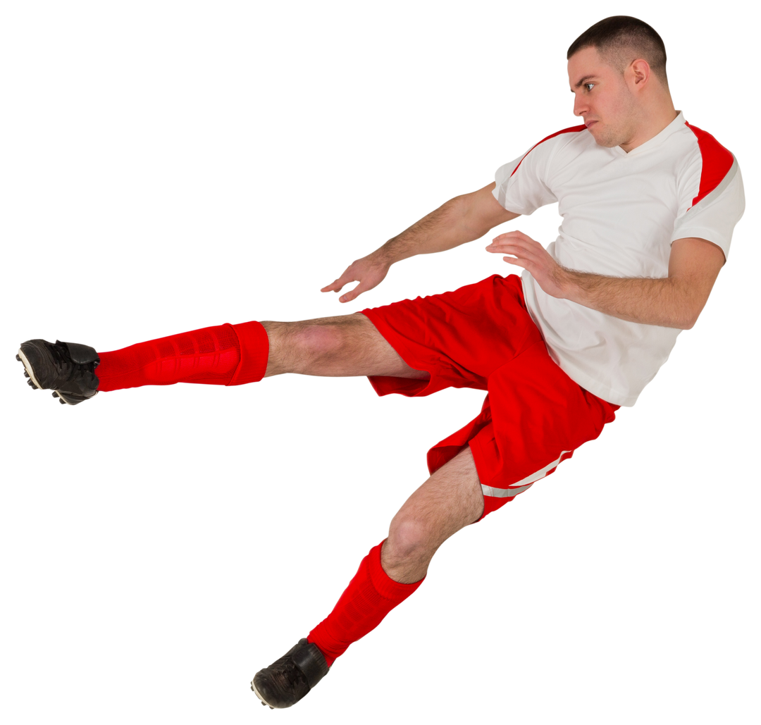 Transparent football player kicking ball mid-air in red uniform - Download Free Stock Images Pikwizard.com