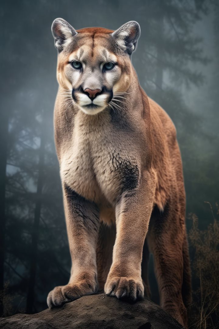 A majestic mountain lion stands poised on a rock, gazing intently - Free Images, Stock Photos and Pictures on Pikwizard.com
