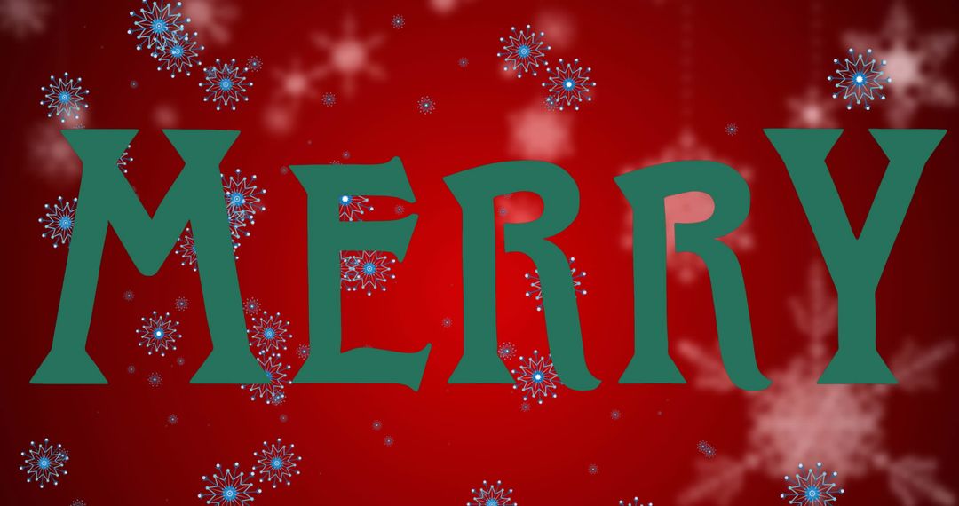 Festive Merry Text with Snowflakes on Red Background