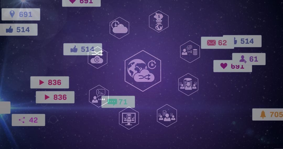 Tech Icons with Social Media Reactions on Violet Background