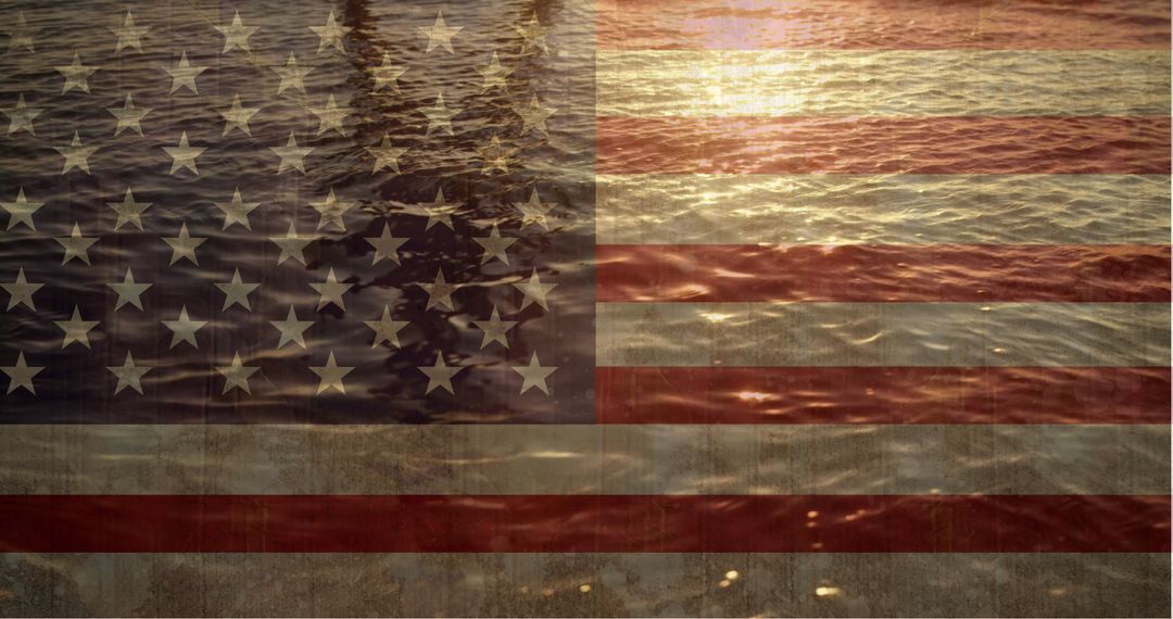American Flag Blended with Reflective Ocean Sunset
