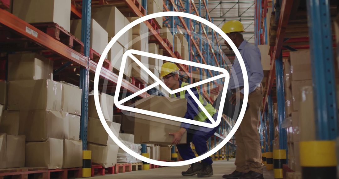 Warehouse Workers Handling Boxes with Email Icon Overlay