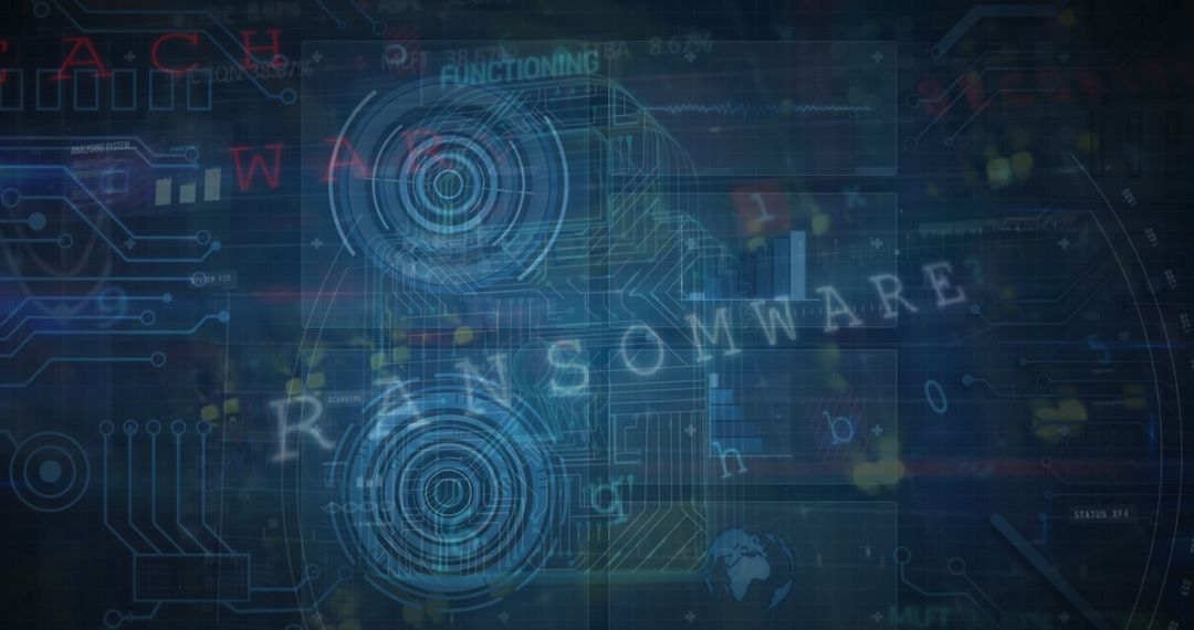 Ransomware Security Concept with Circuit Board and Holographic Lock