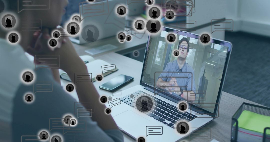 Business Professional Joining Video Call with Digital Icons Overlay