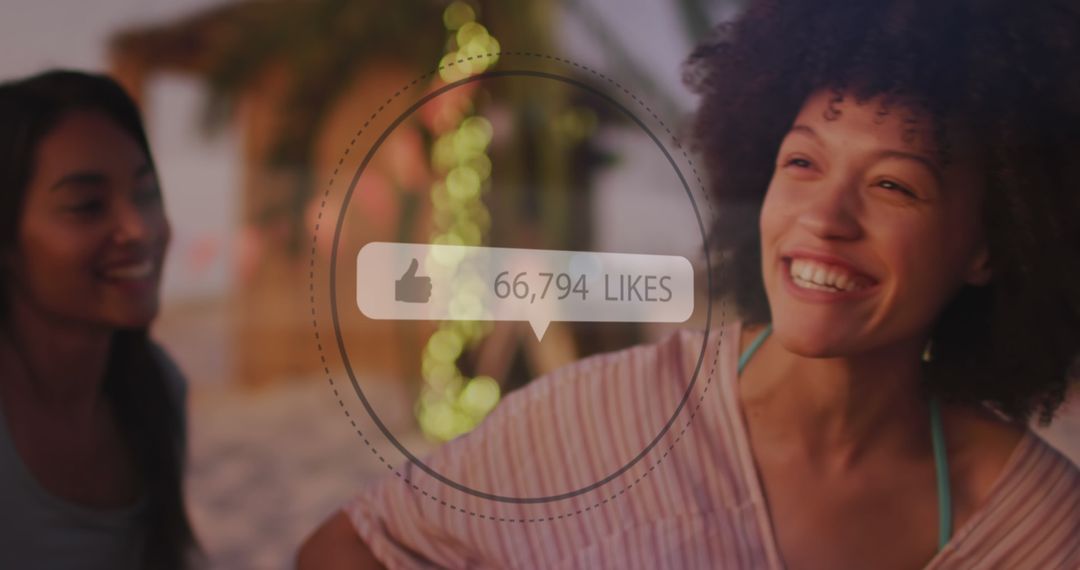 Joyful Moment on Sunny Beach with Social Media Interaction Overlay