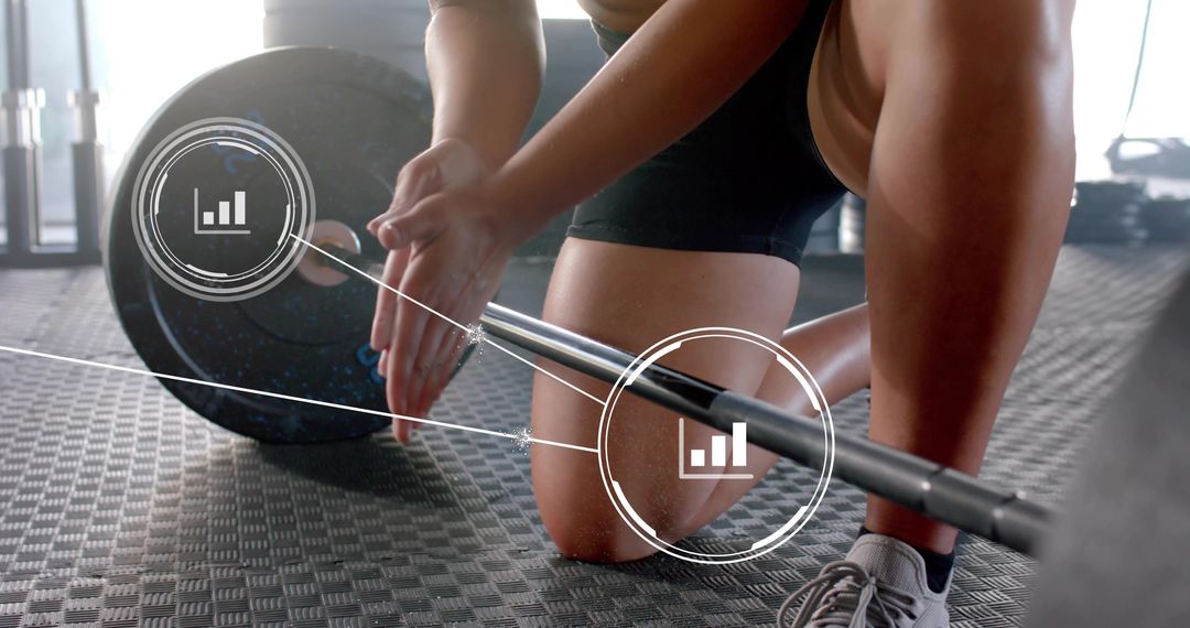 Female weightlifter kneeling aligning grip on loaded barbell with data HUD overlay