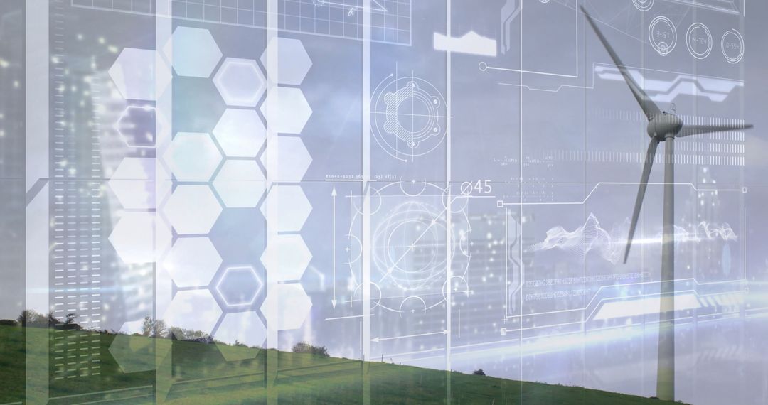 Wind Turbine on Green Hill with Digital Interface Overlay