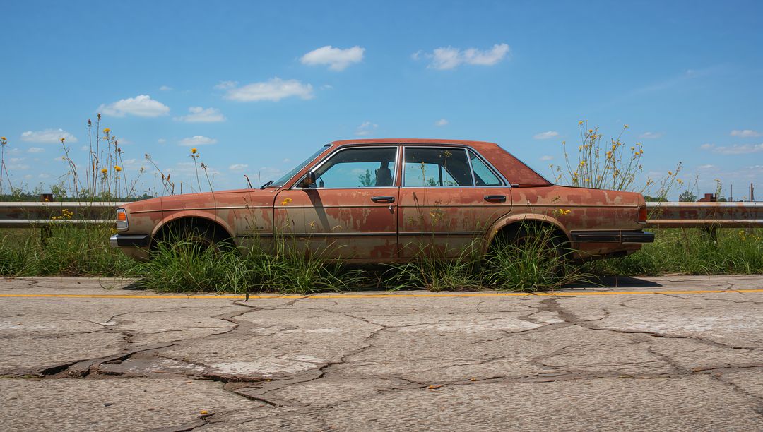 Weathered Abandoned Sedan by Rural Roadside in Summer