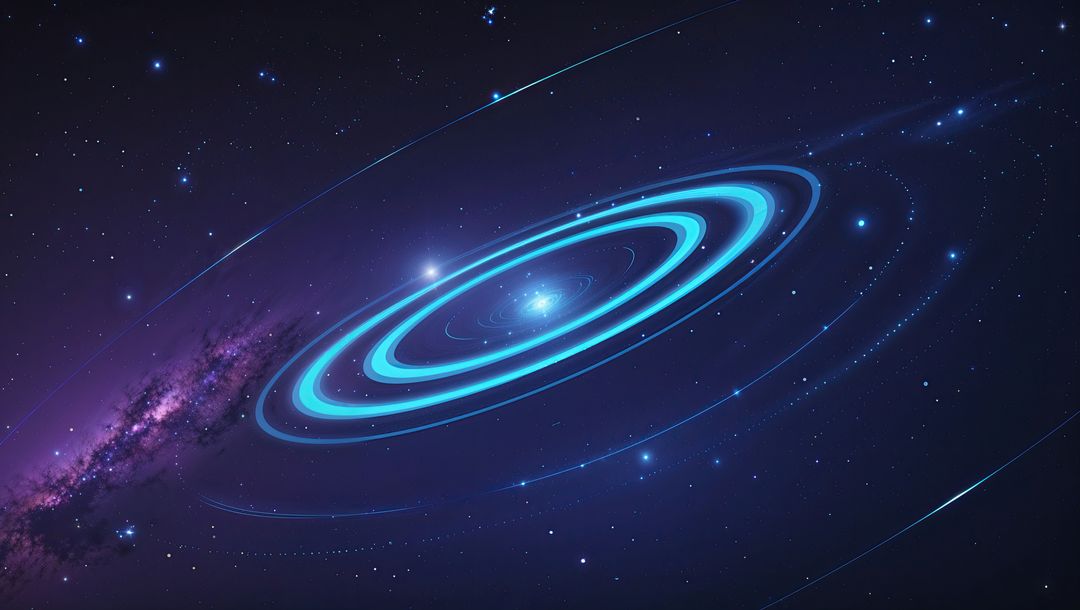 Futuristic Blue Rings Around Central Star in Deep Space with Nebula Backdrop