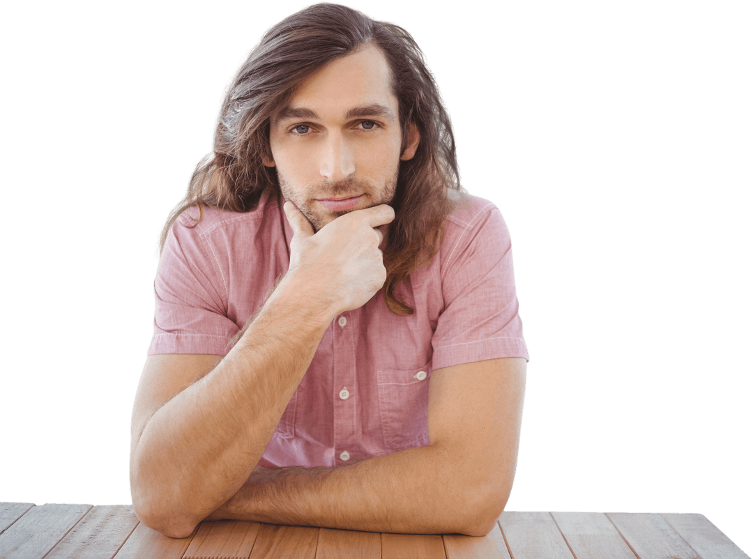 Transparent Man with Thoughtful Expression and Hand on Chin