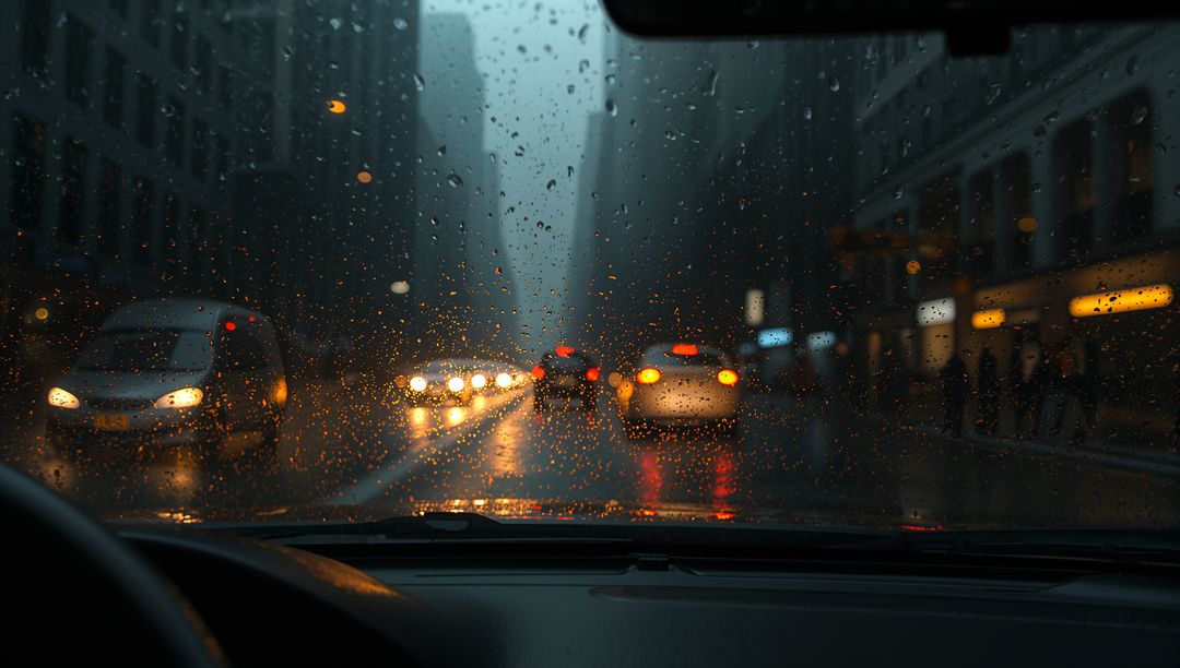 Raindrops Blurring Windshield with City Street View and Tail Lights