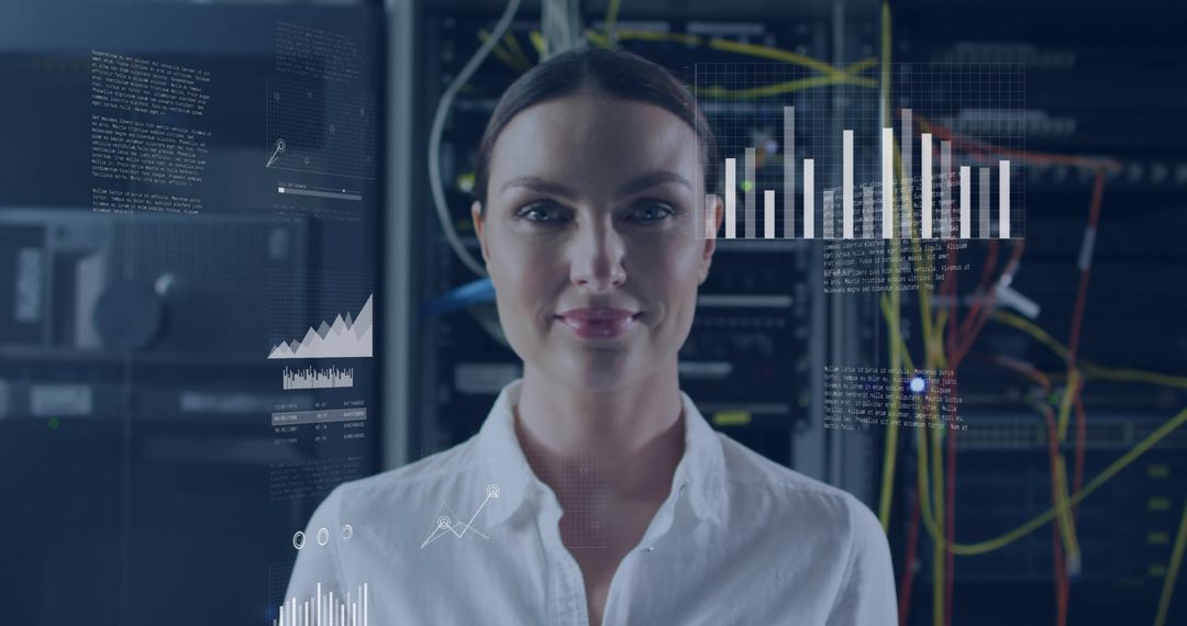 Female IT Specialist Analyzing Statistics in Server Room