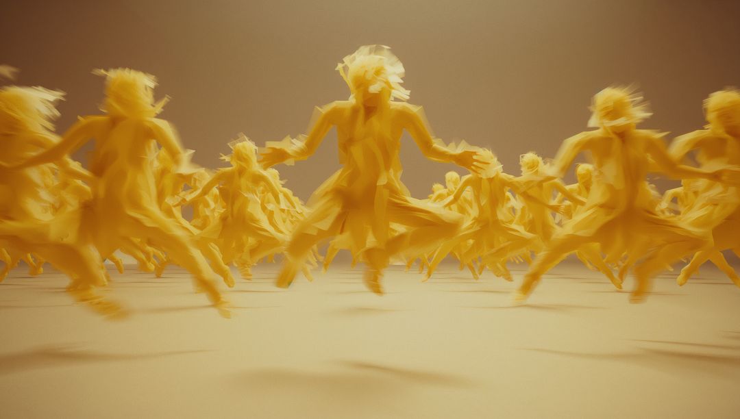 Dynamic Synchronization by Leaping Abstract Yellow Figures in Illusionary Space